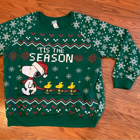 Official Snoopy Charlie Brown Christmas Sweater Peanuts Snowflake Green Holiday - Picture 1 of 9